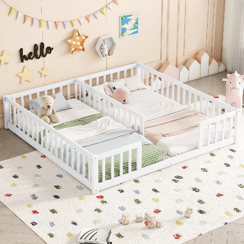 White Twin SizeDouble Wood Floor Bed with Fence and Guardrails