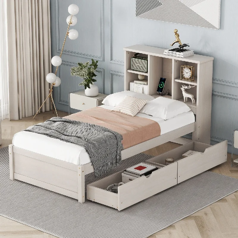 White Twin SizeModern Platform Bed with Integrated USB Port