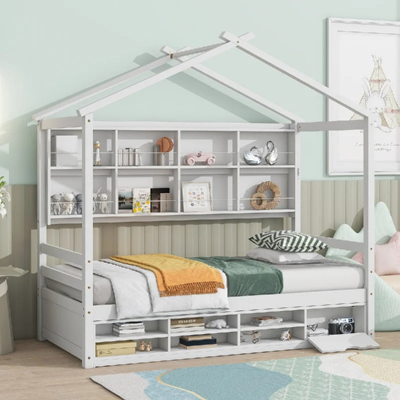 White Twin SizeWood House Bed with Roof