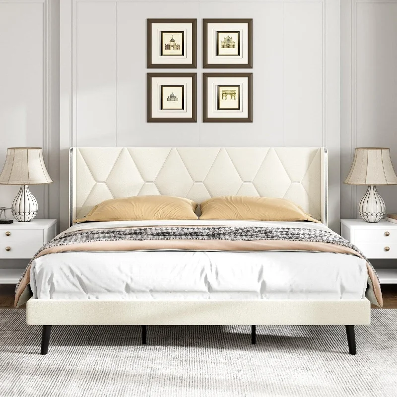 Wingback Velvet Upholstered Platform Bed Frame