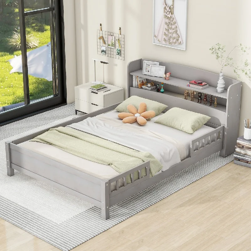 Wood Full Size Platform Bed with LED Light, Storage Headboard, and Guardrail - Classic Antique Grey Finish