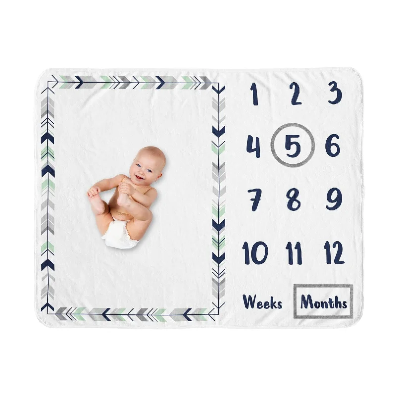 Woodland Arrow Collection Boy or Girl Baby Monthly Milestone Blanket - Grey Navy Blue and Mint Green Gender Neutral