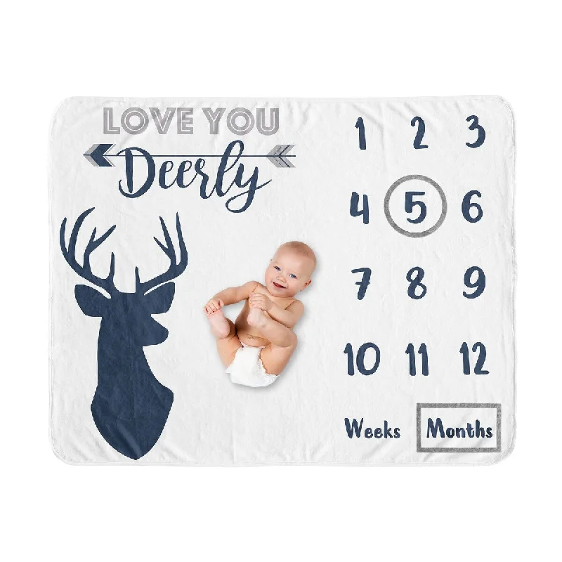 Woodland Deer Collection Boy Baby Monthly Milestone Blanket - Navy Blue and White Stag Forest Animal Love You Deerly