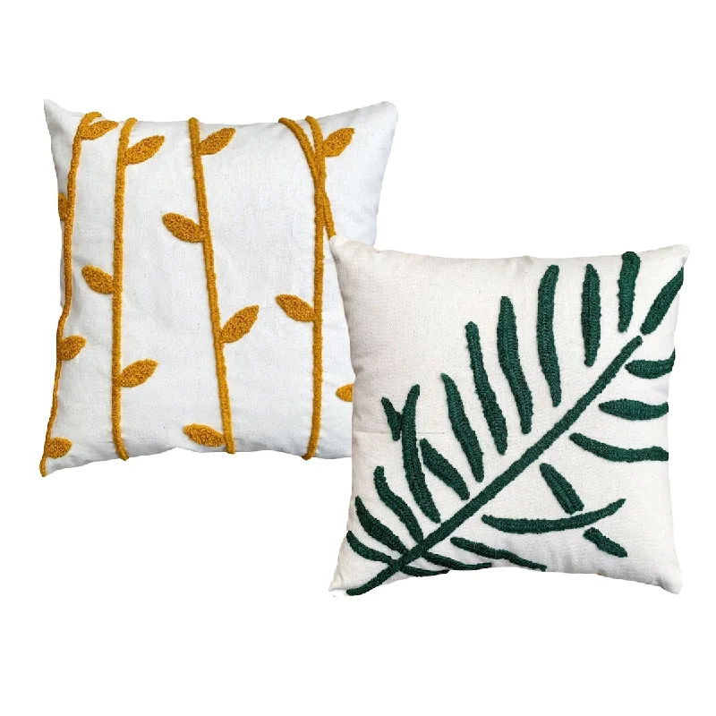 17 x 17 Inch 2 Piece Square Cotton Accent Throw Pillow Set, Leaf Embroidery, White, Green, Yellow - White