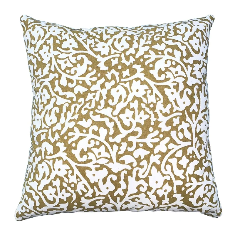 18 x 18 Handcrafted Cotton Square Accent Throw Pillow, Elegant Filigree Pattern, White and Gold - Golden+White