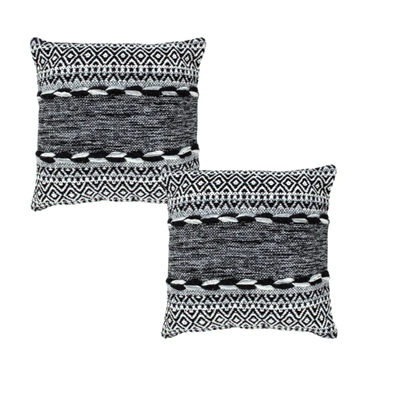 18 x 18 Jacquard Square Decorative Cotton Accent Throw Pillow with Soft Boho Tribal Pattern, Set of 2, Black, White