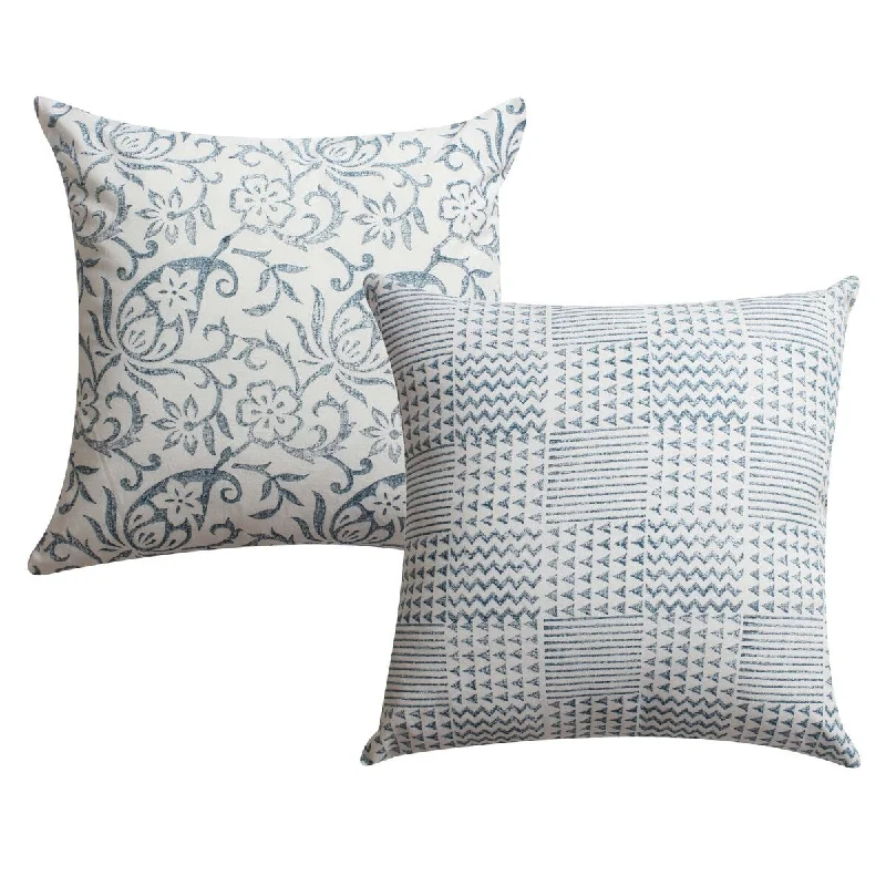 18 x 18 Square Cotton Accent Throw Pillow, Paisley Floral and Square Patterns, Set of 2 - White+Blue