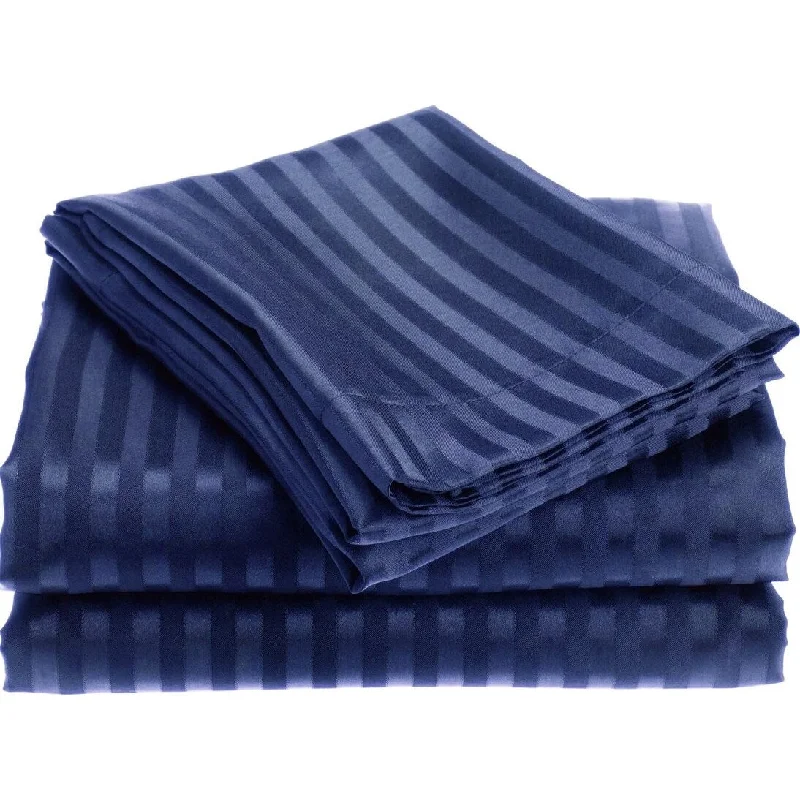 1800 Series Wrinckle Resistant 4 Piece King Size Embossed Stripe Sheet Set - Navy