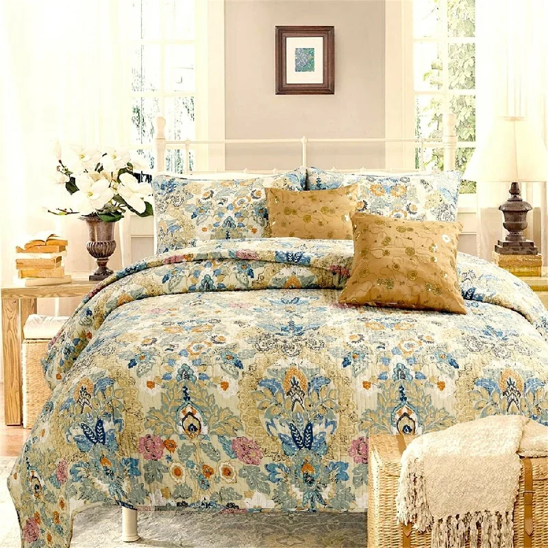 3pc Full/Queen Floral Reversible 100%Cotton Quilt Set Yellow