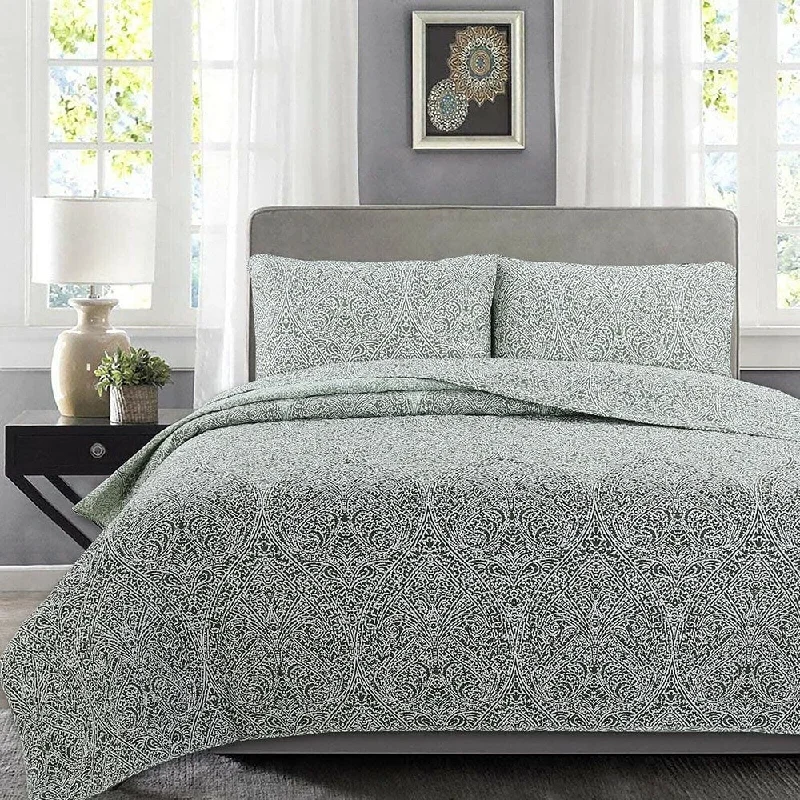 3pc Full/Queen Ombre Leaf Reversible Quilt Set Sage Forest Green