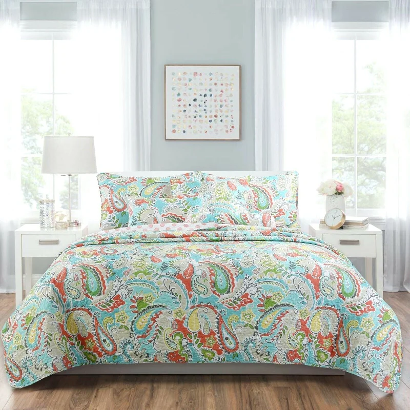 3pc Queen Paisley Reversible Quilt Set Blue