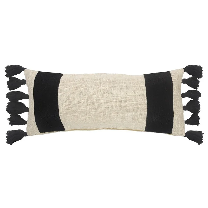 Color Block Ivory and Black  Fringe Striped Decorative Throw Pillow