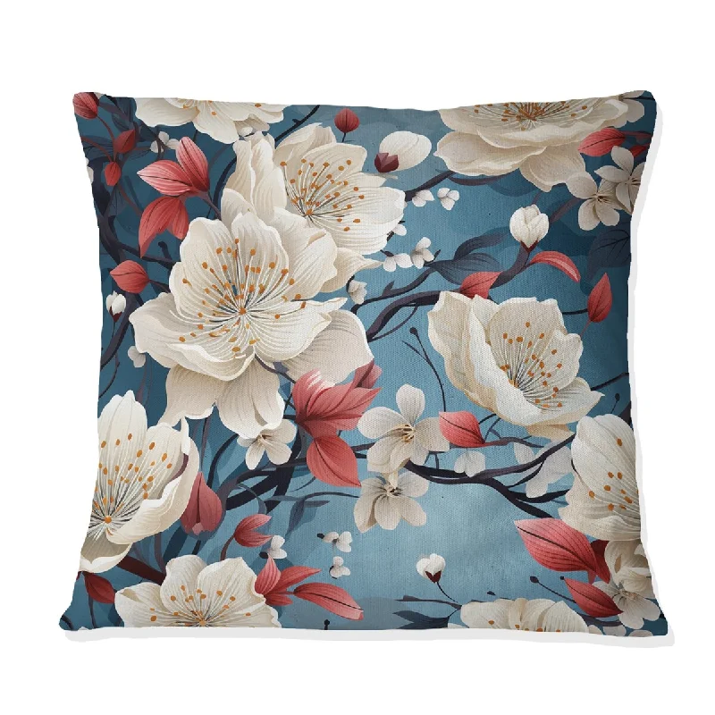 Designart "Beige And Blue Tranquility Japan Pattern" Floral Printed Throw Pillow