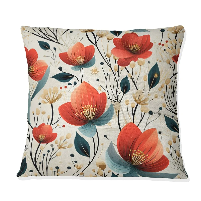 Designart "Red And Beige Cottage Floral Pattern" Floral Printed Throw Pillow