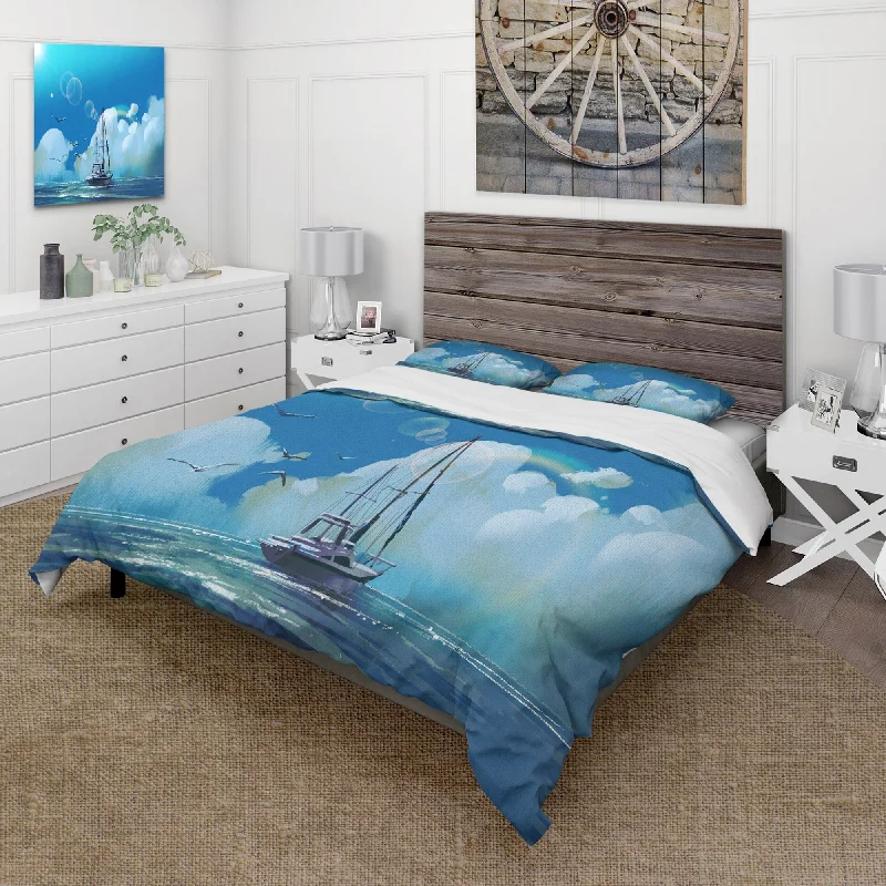 Designart 'The Sailboat On The Blue Sea Against Summer Sky' Nautical & Coastal Duvet Cover Comforter Set