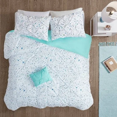 New - 3pc Twin/Twin Extra Long Nicole Metallic Printed and Pintucked Duvet Cover Set Aqua Blue - Intelligent Design