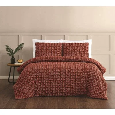 New - Christian Siriano 3pc Full/Queen NY Textured Puff Comforter Set Rust