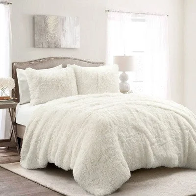 Open Box - 3pc Full/Queen Emma Faux Fur Comforter Set Ivory - Lush Décor