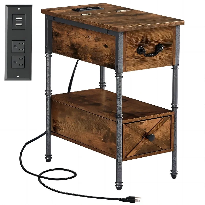 2-Drawer Narrow Nightstand with Charging Station and USB Ports& Power Outlets, Rustic Brown