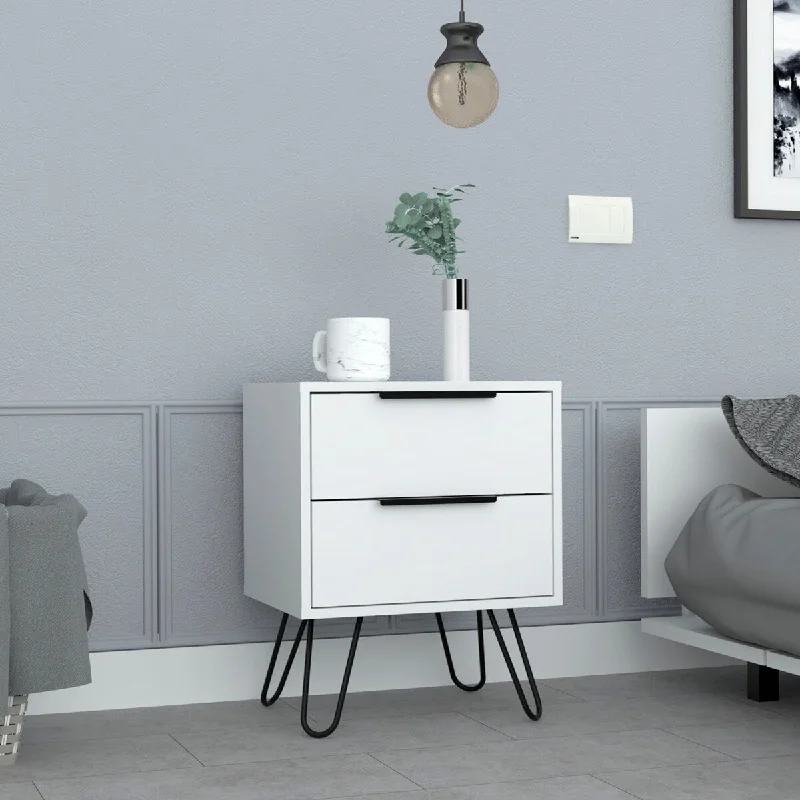 2 Nightstand, Four Legs, Two Drawers -White