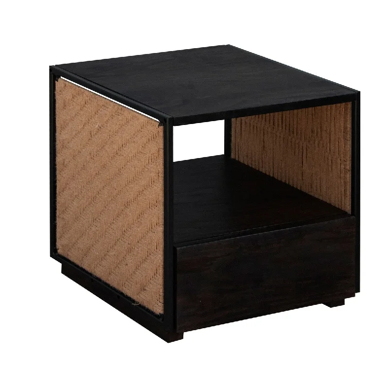 21 Inch Handcrafted Acacia Wood Side Table Nightstand, Woven Jute Side Panels, Brown, Black