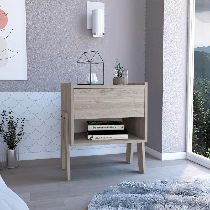 Caladium Nightstand With 4 Legs, Open Shelf, And Drawer