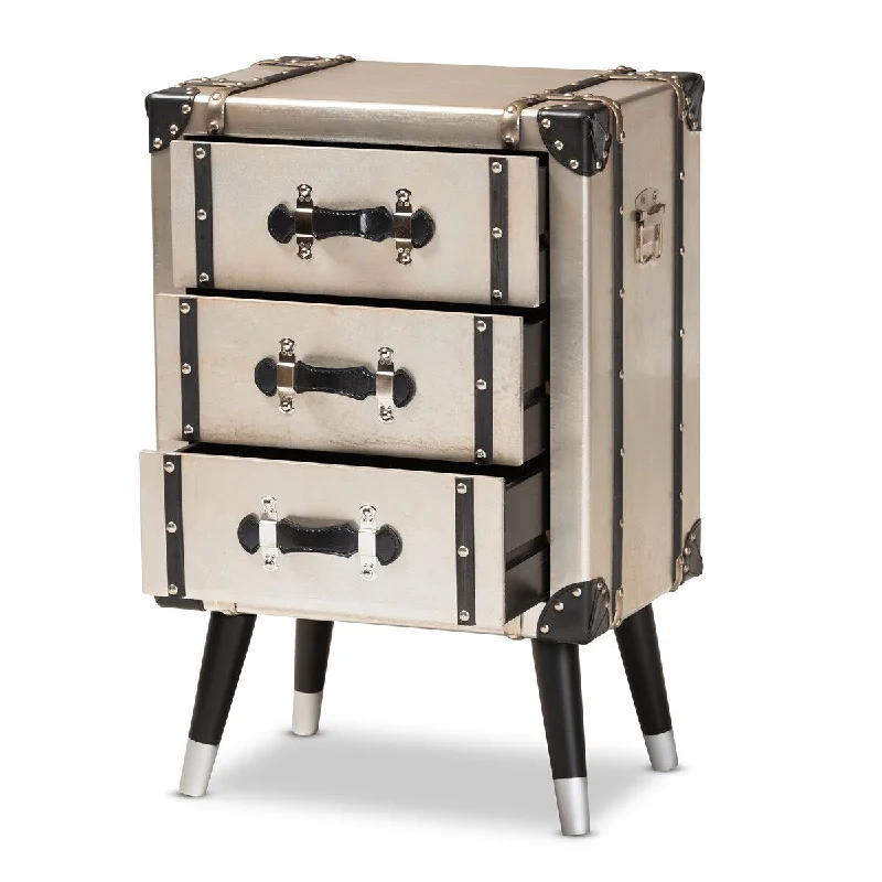 Dilan Vintage Industrial Antique Silver Finished Metal Trunk Inspired 3-Drawer Nightstand