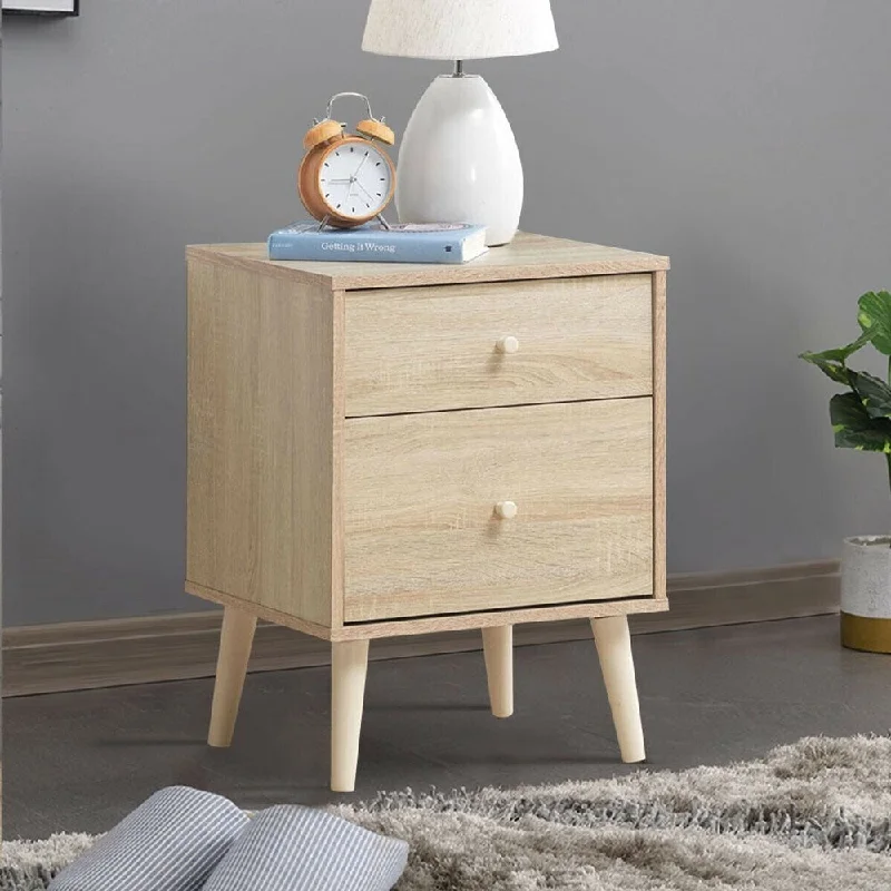 Fashion Set of 2 Nightstand 2-Drawer Beside End Side Table w/Rubber Legs Oak Finish