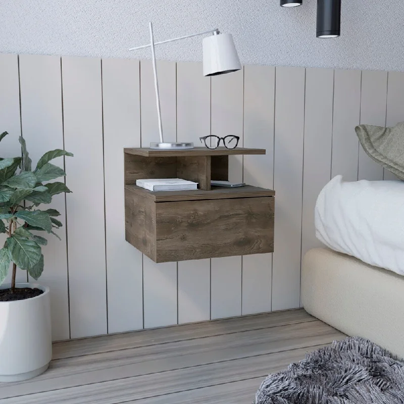 Floating Nightstand with Drawer and Open Storage Shelves