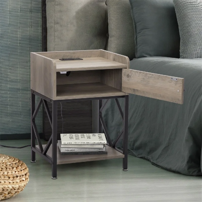 Gray Wood Nightstand with Adjustable Foot Pads(Set of 2)