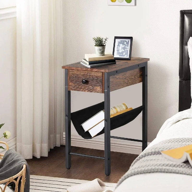 Industrial Nightstand with Drawer and Storage Holder H Shaped Snack Desk, Rustic Brown