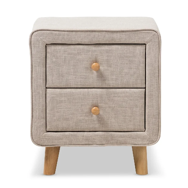 Jonesy Mid-Century Beige Linen Upholstered 2-Drawer Nightstand