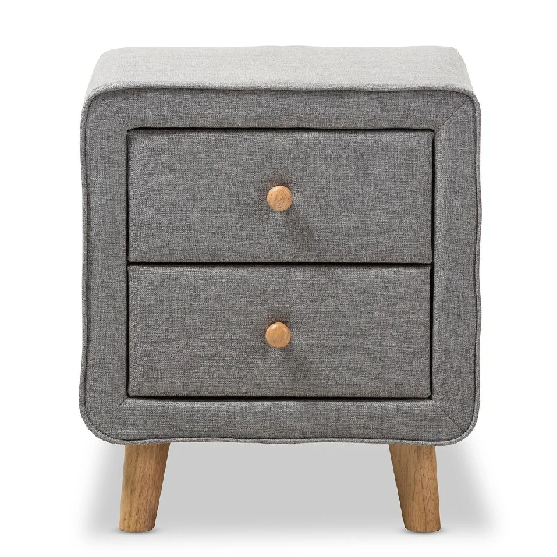 Jonesy Mid-Century Grey Fabric Upholstered 2-Drawer Nightstand