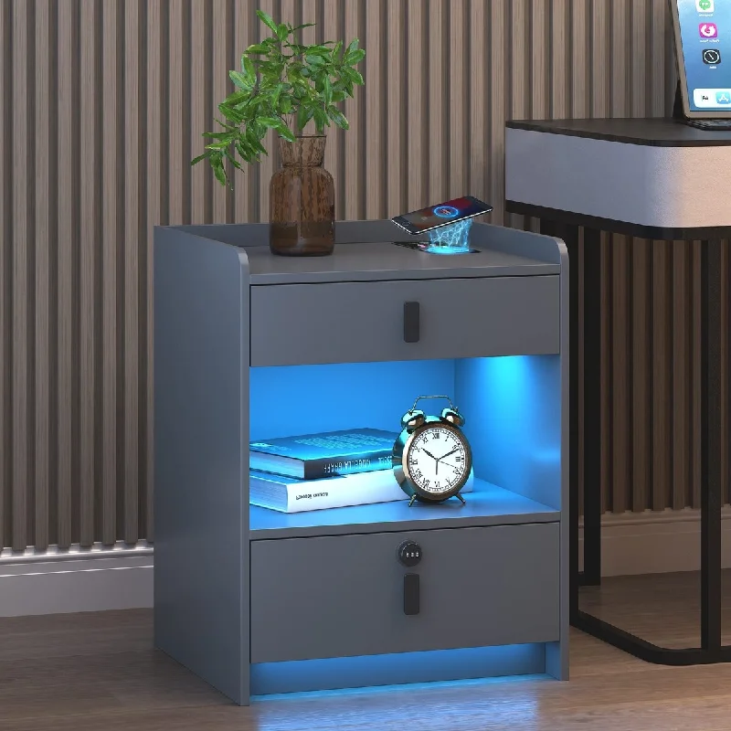 LED Nightstand with Wireless Charging Station, End Side Table with 2 Drawers and Open Storage, Smart Night Stand with USB Ports