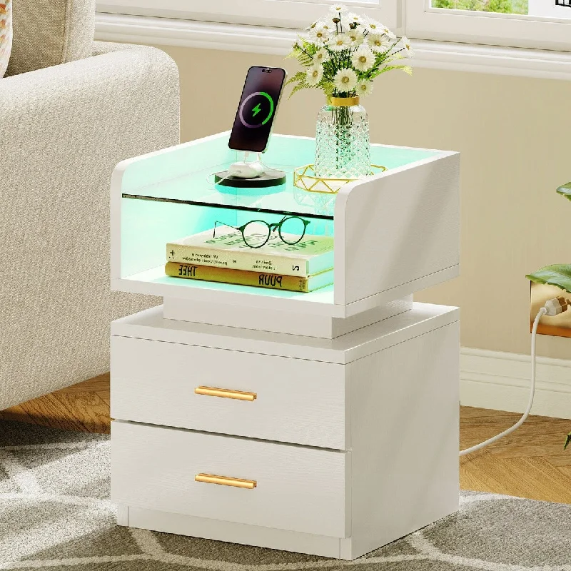 Moasis Modern 2-drawer LED Nightstand with Charging Station Glass Top