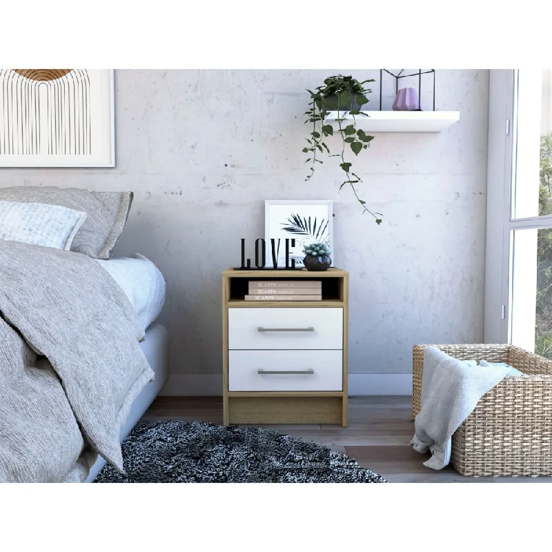 Nightstand 20"H, Two Drawers, Superior Top, Metal Handles, White Light Oak Multicolor Particle Board Particle Board