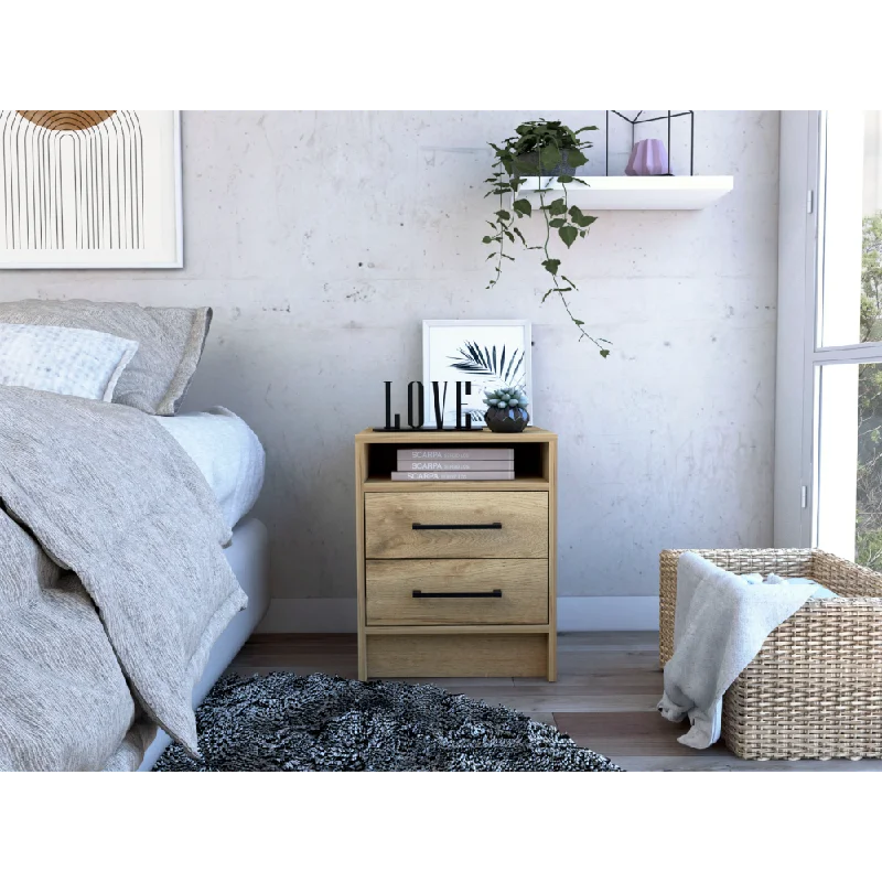 Nightstand 20"H, Two Drawers, Superior Top, Metal Handles, Light Oak Beige Particle Board Particle Board