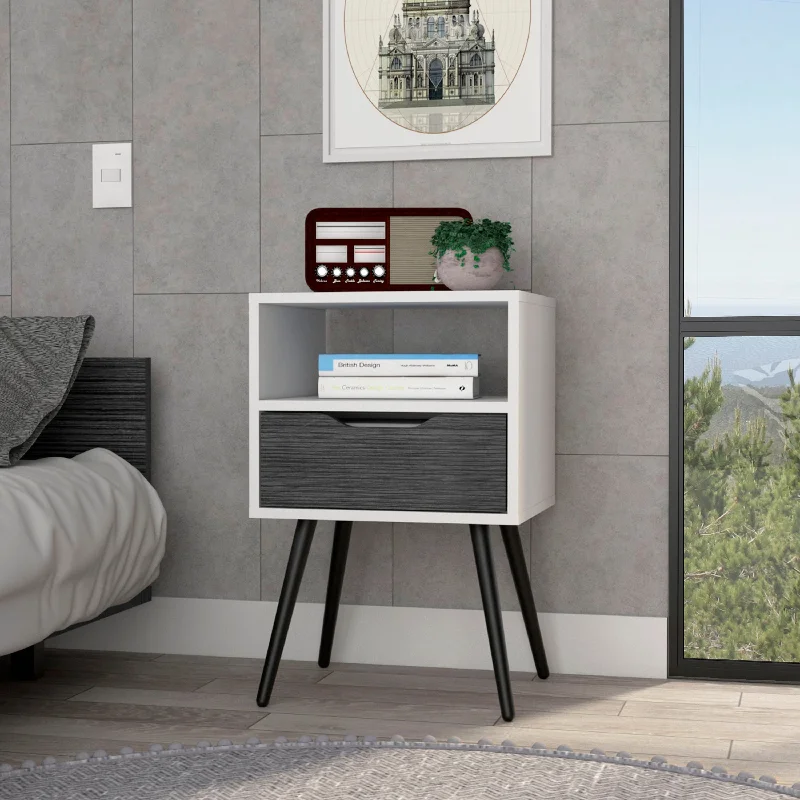 Nightstand 25"H, Superior Top, Four Legs, One Open Shelf, One Drawer, Smokey Oak White Smoke Grey,White Particle Board Particle Board