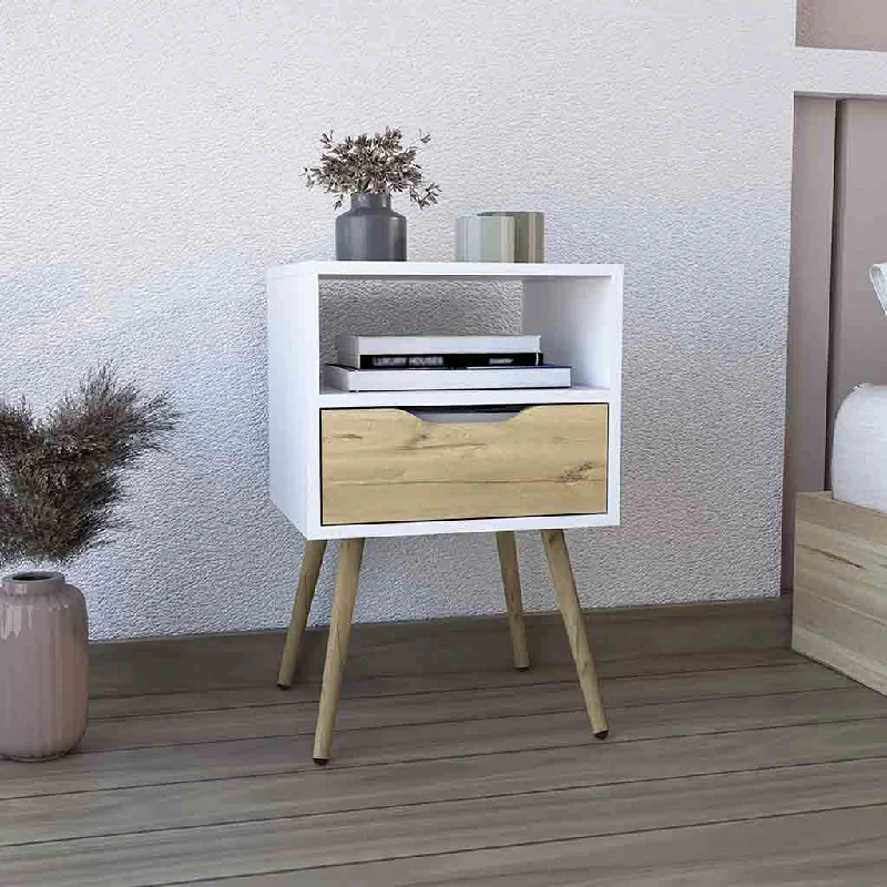 Nightstand 25"H, Superior Top, Four Legs, One Open Shelf, One Drawer, White Light Oak Multicolor Particle Board Particle Board