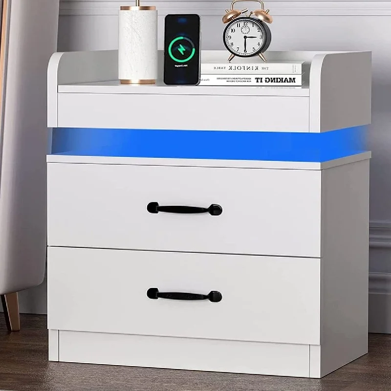 Nightstand Set of 2, Nightstand with Charging Station，White Nightstand Set of 2 with 2 Drawers, LED Nightstand with Drawers