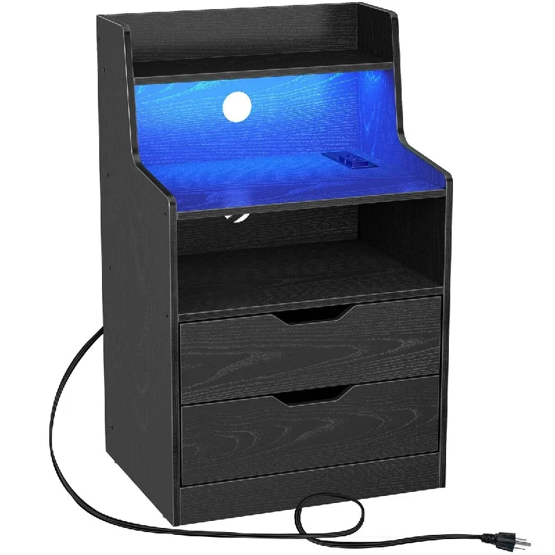 Nightstand with Charging Station and LED Lights, 2 AC and USB Power Outlets, Night Stand with 2 Drawers and Storage Shelves