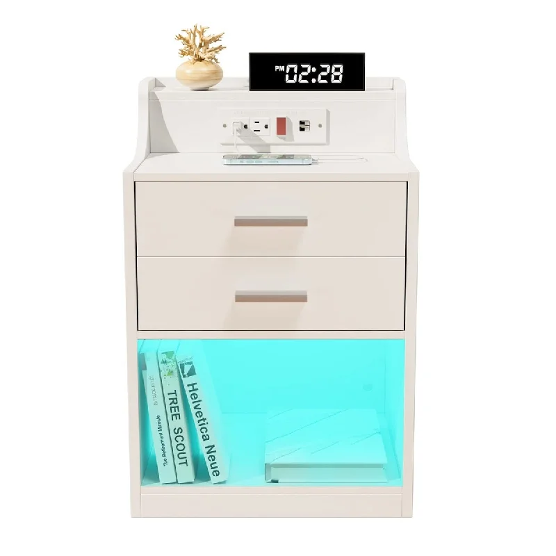 Nightstand with Charging Station and LED Lights, White Nightstand Modern Design White End Side Table with 2 Drawers