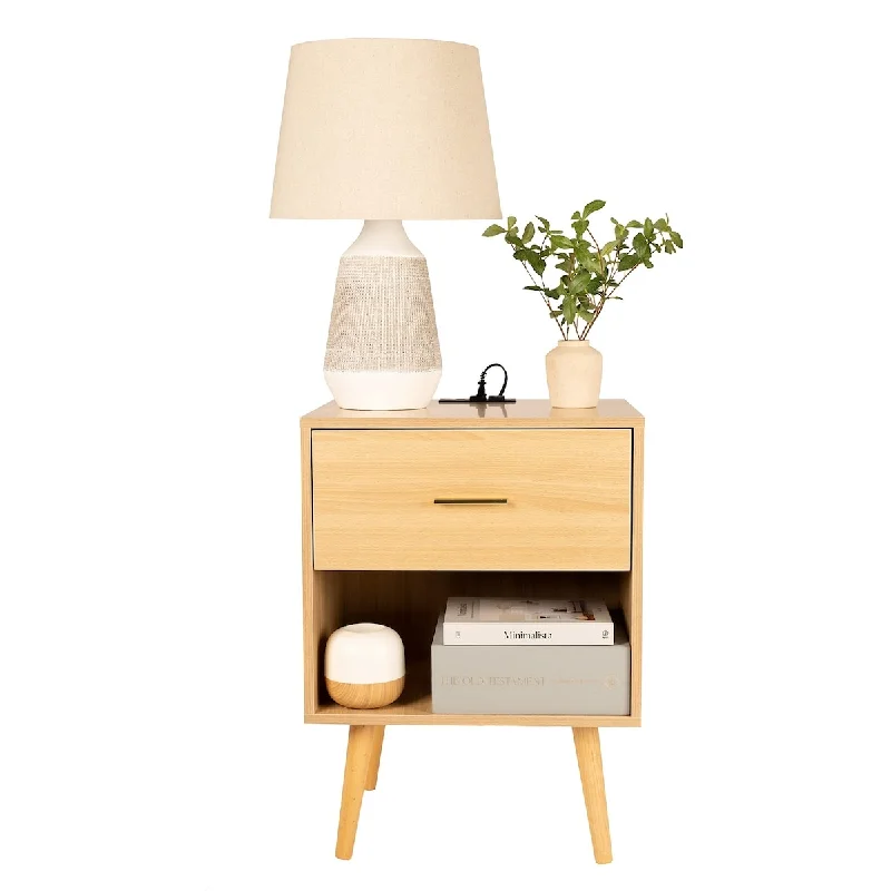 Nightstand with Charging Station, Wood nightstand with Drawer, Mid Century Modern Side Table with Charging Station (Wood)