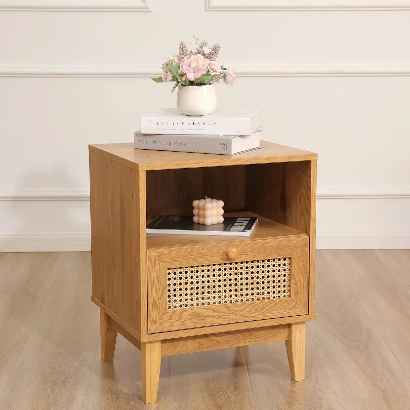 Rattan Nightstand, Boho Side Table with Handmade Rattan Decorated Drawer, Mid-Century Modern Nightstand