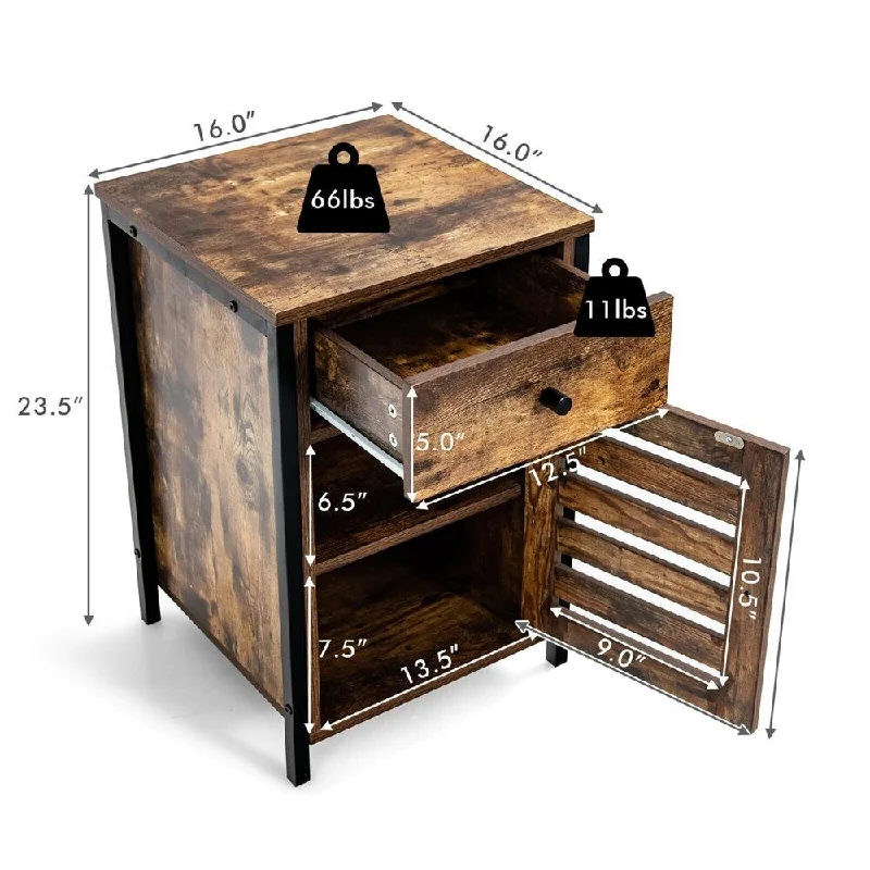 Rustic Nightstand with Drawer Cabinet Adjustable Shelf Industrial Side Table