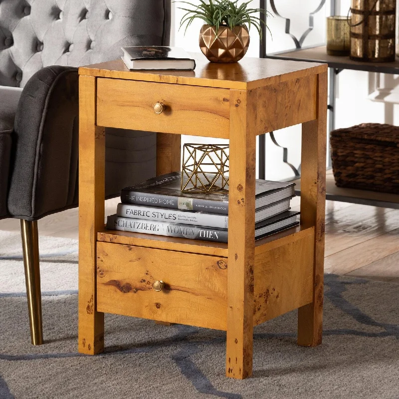 Azmi Modern and Contemporary Natural Light Mappa Real Burl Wood 2-Drawer Nightstand