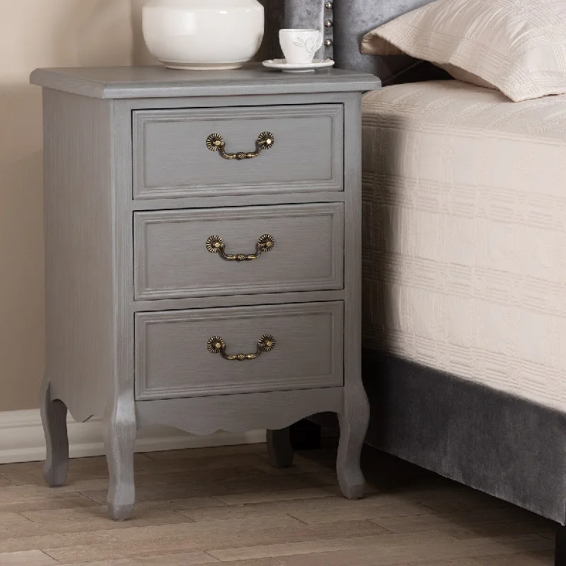 Capucine Antique French Country Cottage Grey Finished Wood 3-Drawer Nightstand