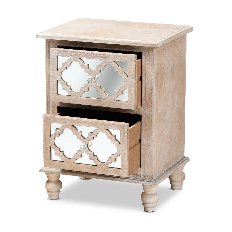 Celia Transitional Rustic French Country White-Washed Wood and Mirror 2-Drawer Quatrefoil Nightstand