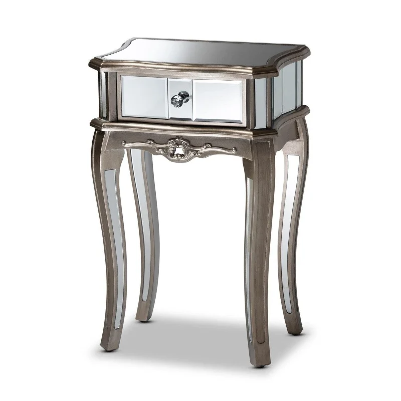 Elgin Contemporary Glam and Luxe Brushed Silver Finished Wood and Mirrored Glass 1-Drawer Nightstand