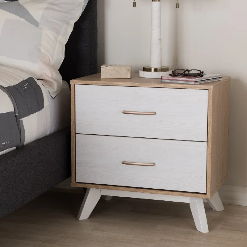 Helena Mid-Century Modern Natural Oak and Whitewashed Finished Wood 2-Drawer Nightstand